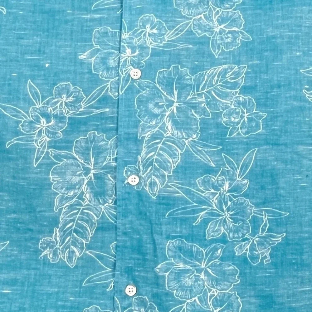 Banana Republic Mens Camp Shirt XL Blue Floral Linen Blend Slim Fit SS Tropical